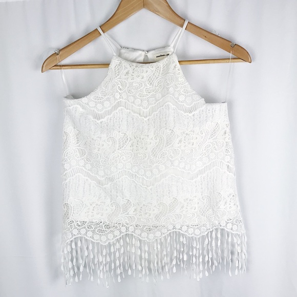 NWOT Monteau Girl White Lace Fringe Crop Top - Picture 2 of 7
